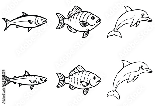tuna, tilapia, dolphin fish line art vector on white background, fish bundle.