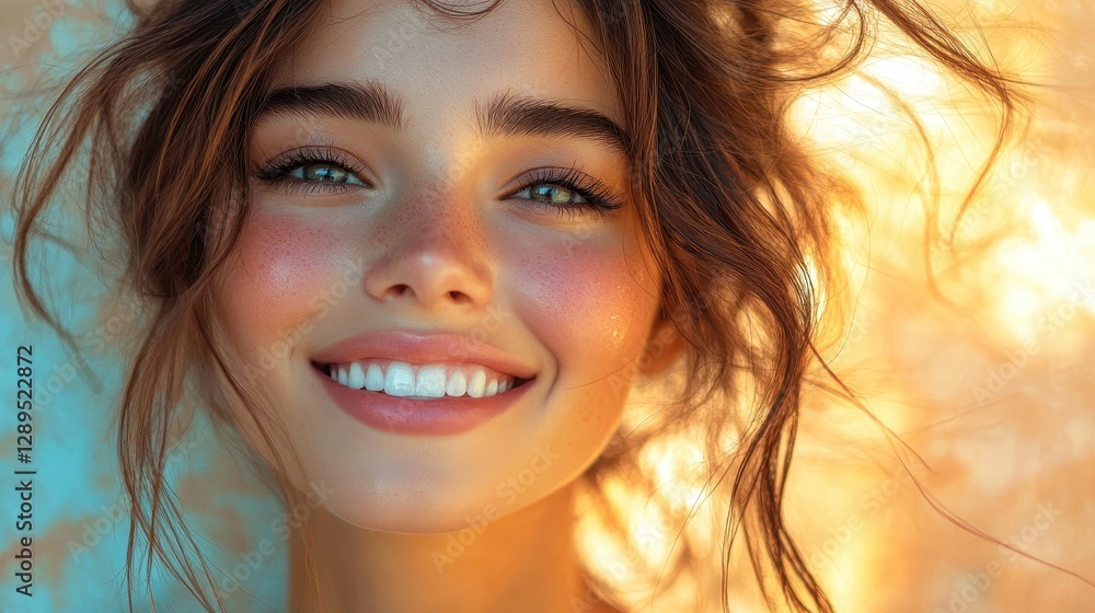 Young caucasian female smiling in warm sunlight with natural freckles and brown hair Young caucasian female smiling in warm sunlight with natural freckles and brown hair