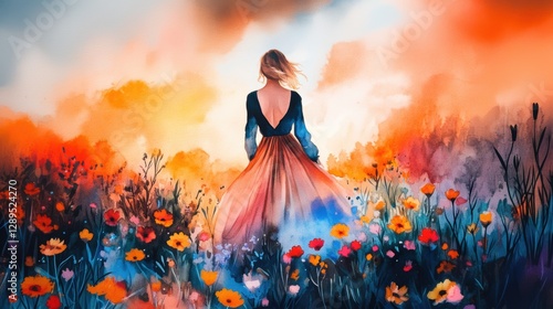 Beautiful woman in elegant long skirt dancing walking in wild flower field in Spring.
