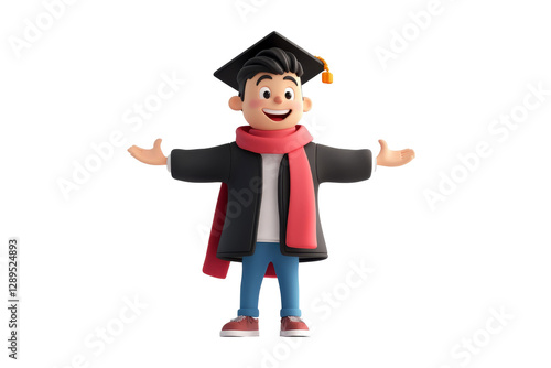3D cartoon character of a young graduate in cap and gown celebrating isolated on transparent png background