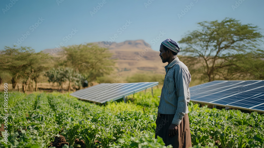 A farmer using solar panels to power irrigation systems in a vibrant agricultural field.