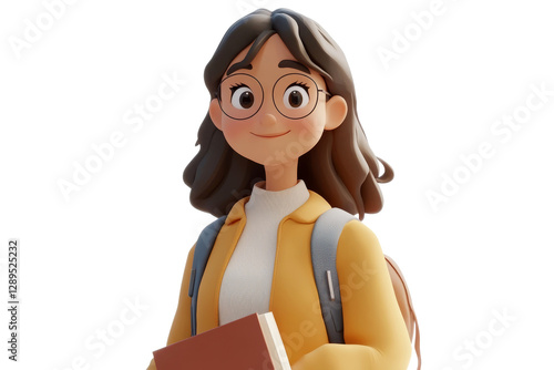 3D cartoon character of a smiling young woman with a backpack and book isolated on transparent png background