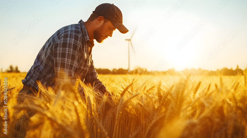 A farmer working near a wind turbine in a golden wheat field under a clear sky.
