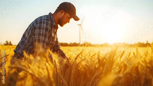 Obraz na płótnie A farmer working near a wind turbine in a golden wheat field under a clear sky. w salonie