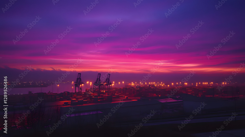 A stunning twilight view of a container port with the horizon painted in purples and oranges and the cranes illuminated by lights. A stunning twilight view of a container port with the horizon painted in purples and oranges and the cranes illuminated by lights.