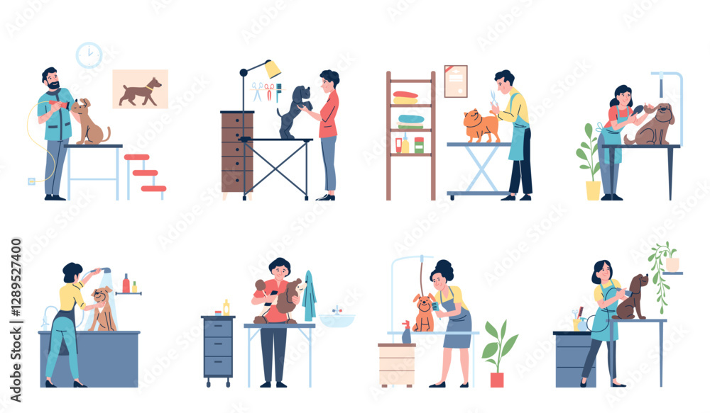 Grooming salon scenes. Professional groomers working with dogs, fluffy pets bathing and cutting. Groom time for cute animals, hygiene recent vector concept Grooming salon scenes. Professional groomers working with dogs, fluffy pets bathing and cutting. Groom time for cute animals, hygiene recent vector concept