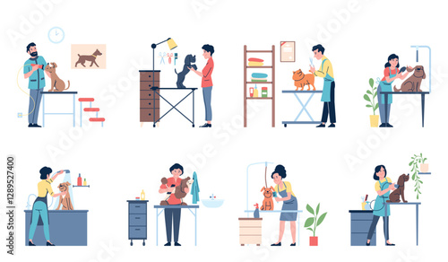 Grooming salon scenes. Professional groomers working with dogs, fluffy pets bathing and cutting. Groom time for cute animals, hygiene recent vector concept