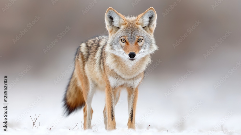 Coyote standing in snowy field, winter wildlife Coyote standing in snowy field, winter wildlife