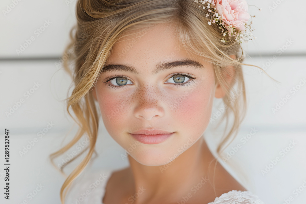 Elegant Young Woman Wearing a Flower Crown and White Dress Elegant Young Woman Wearing a Flower Crown and White Dress