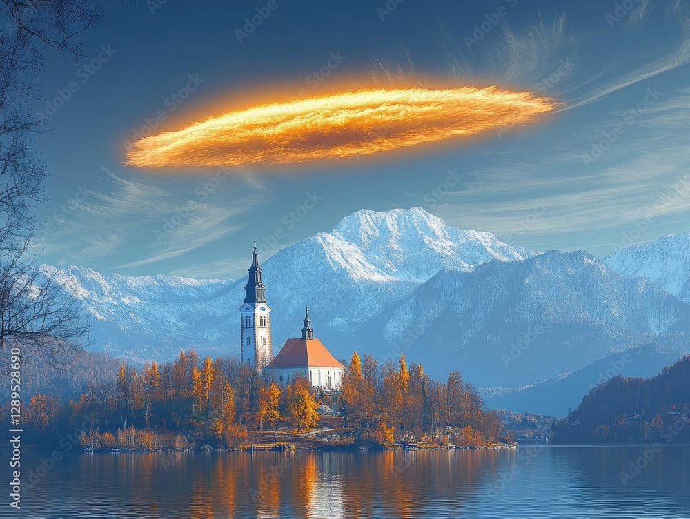 Fototapeta premium Church, Mountains, Lake: Autumn's Fiery Sky Phenomenon