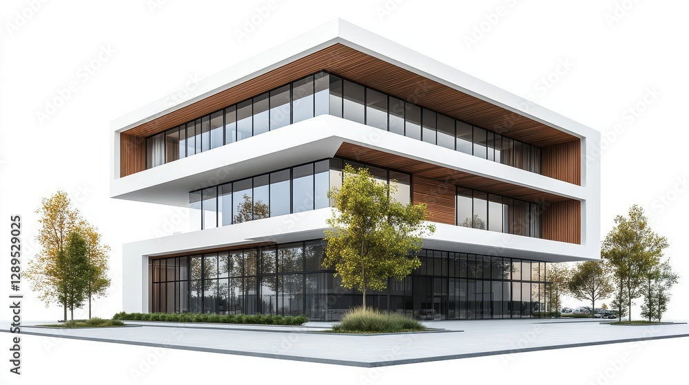 Modern three-story office building with large glass windows and minimalist design Modern three-story office building with large glass windows and minimalist design