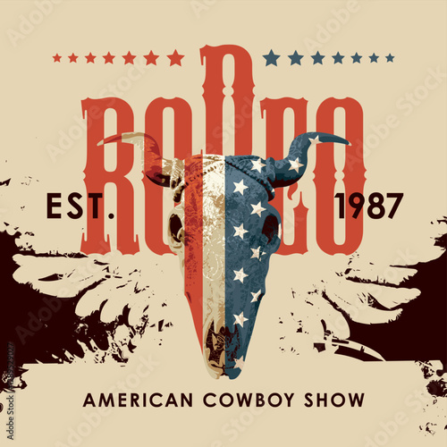 Banner for Cowboy Rodeo show in retro style. Vector illustration with  skull of bull with USA flag and lettering on background with bird wings. Suitable for poster, label, flyer, banner, invitation