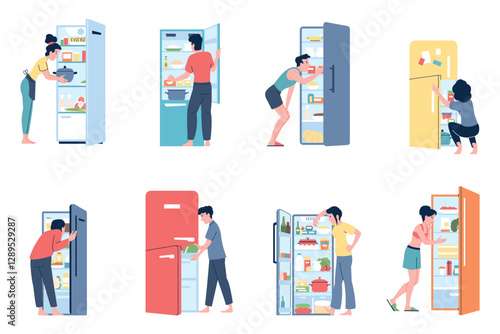 People and fridge. Men women using refrigerator, looking snacks and food, put out cooking meals. Fridges at home kitchen, daily eating routine recent vector set
