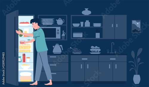 Night on kitchen. Man looking food in fridge, nightly dinner or overeating. Insomnia problem, person eat snack or gluttony, recent vector scene
