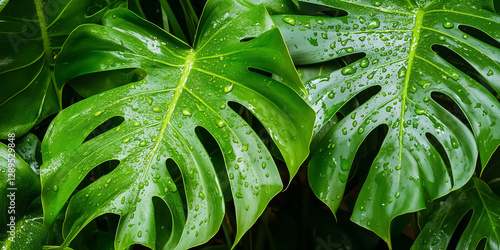 Primer plano de exuberantes hojas verdes de monstera adornadas con lluvia o gotas de rocío en un entorno tropical al amanecer photo