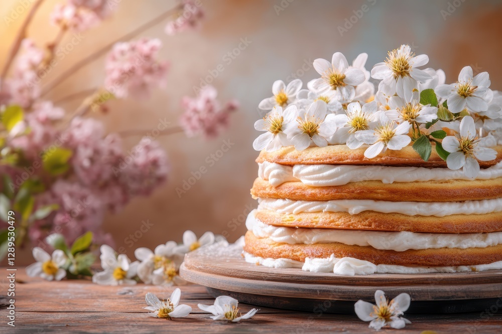 Fototapeta premium 春の花が彩るクリームケーキの美しさとテーブルセッティング