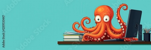 This cartoon-style illustrated octopus, placed behind a desktop, exudes cheerfulness and creativity, potentially symbolizing multitasking and adroitness in daily tasks.