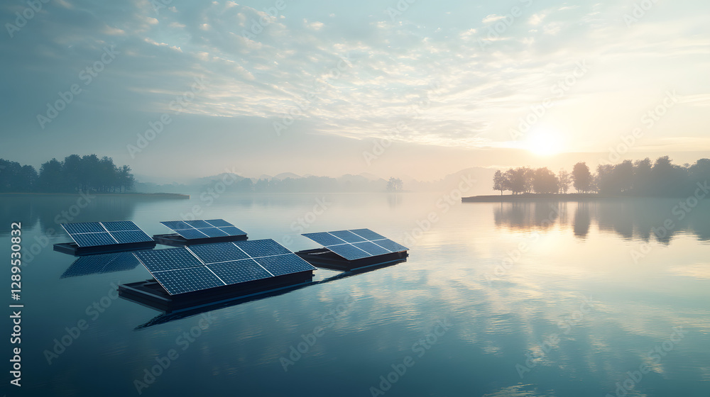 A futuristic concept of floating solar panels on a calm lake with reflections on the water.