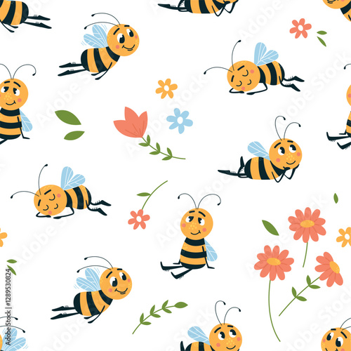 Honey bee seamless pattern. Funny bee flying and resting, different flowers. Print design for fabric, wrapping. Baby nursery decor template, classy vector background
