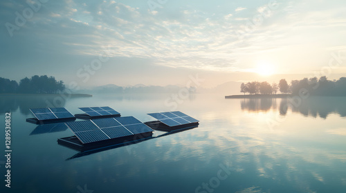 Obraz na płótnie A futuristic concept of floating solar panels on a calm lake with reflections on the water. w salonie