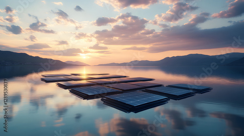 A futuristic concept of floating solar panels on a calm lake with reflections on the water.