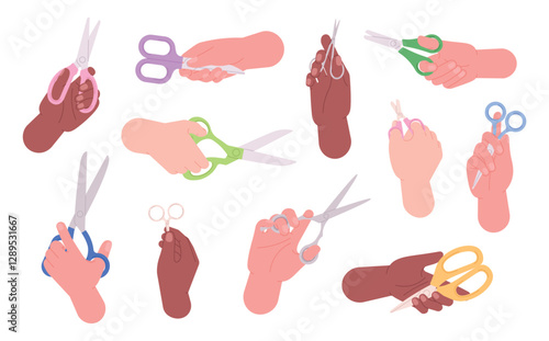 Hands with scissors. Human hand holding manicure scissor, different types opened and closed cutting tools. Cut stationery for paper and fabric, racy vector clipart