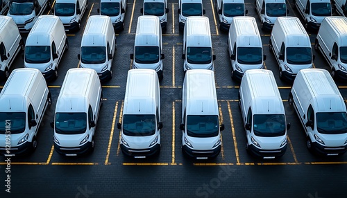 Rows of parked white vans,  industrial parking lot