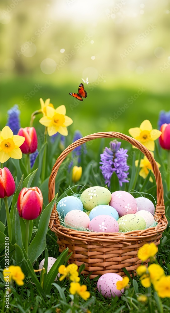 Easter basket with colorful eggs surrounded by spring flowers and butterfly. Festive holiday composition in garden. Nature backdrop for seasonal greeting cards. Easter basket with colorful eggs surrounded by spring flowers and butterfly. Festive holiday composition in garden. Nature backdrop for seasonal greeting cards.