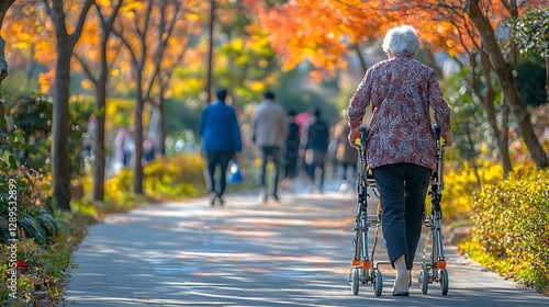 Elderly woman walking in park with walker, autumn foliage background, pleasant fall day, possible use stock photo for senior citizens