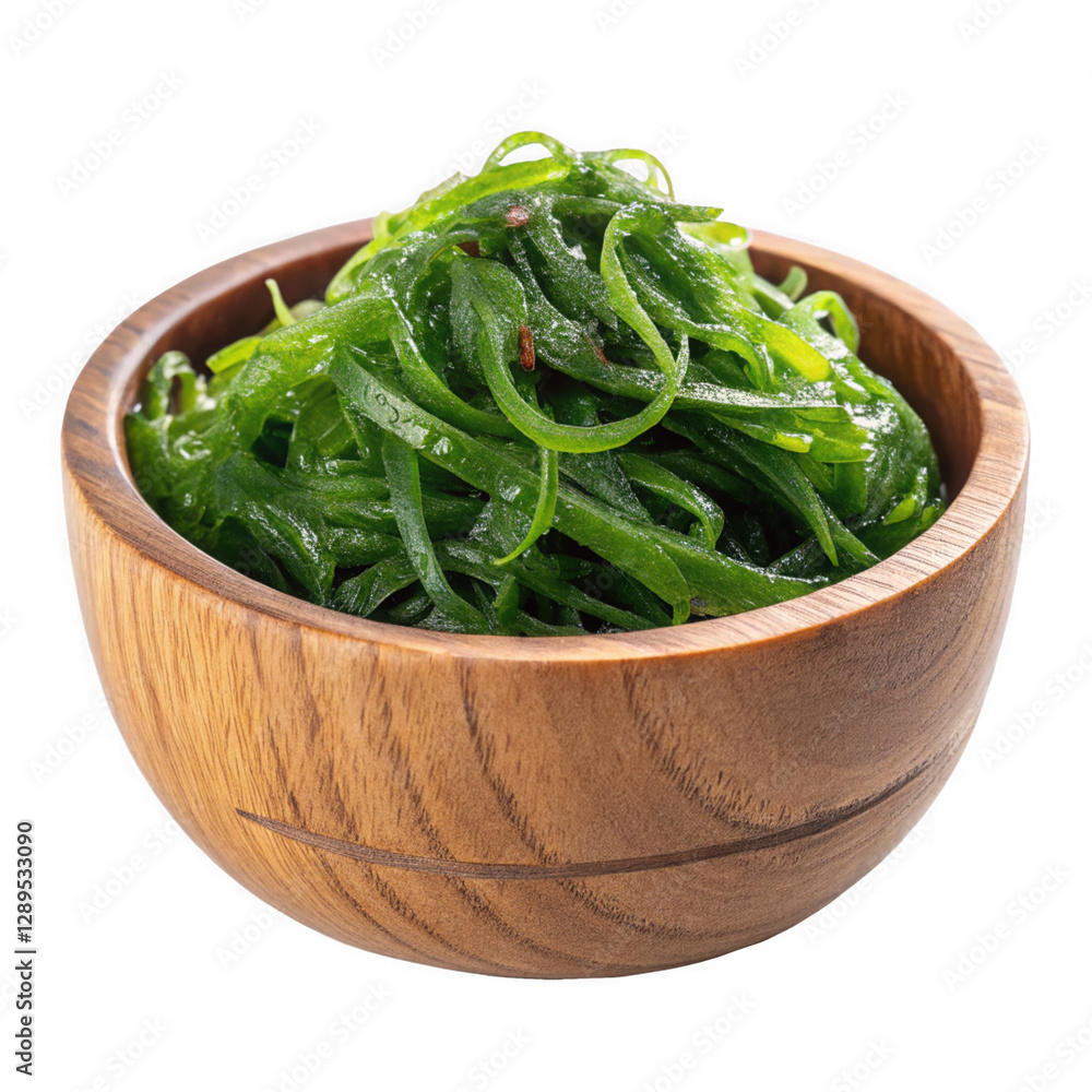 Fresh Green Seaweed Salad in Wooden Bowl, Healthy Japanese Cuisine, Nutritious Vegan Food Fresh Green Seaweed Salad in Wooden Bowl, Healthy Japanese Cuisine, Nutritious Vegan Food