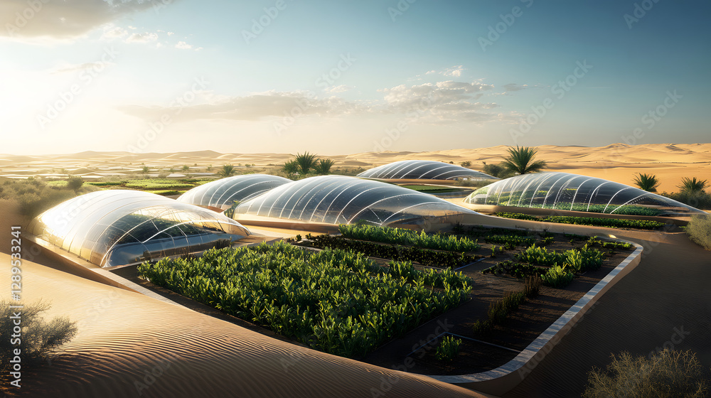 A futuristic desert farming facility in Saudi Arabia using hydroponics and AI-driven irrigation systems.