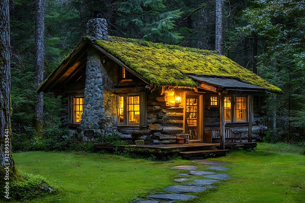 Rustic cabin, forest, twilight, peaceful, nature Rustic cabin, forest, twilight, peaceful, nature