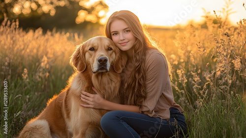 A young woman sitting in a meadow her head resting gently on a golden retrievers shoulder as the sun sets behind them.