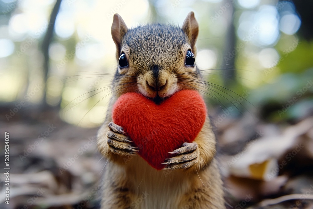 Squirrel - my desired animal. Promotion animal visual idea. Cute squirrel baby with fluffy red heart on in a natural habitat. Cute nature-inspired love greeting. Animal pair in heart shape. Squirrel - my desired animal. Promotion animal visual idea. Cute squirrel baby with fluffy red heart on in a natural habitat. Cute nature-inspired love greeting. Animal pair in heart shape.
