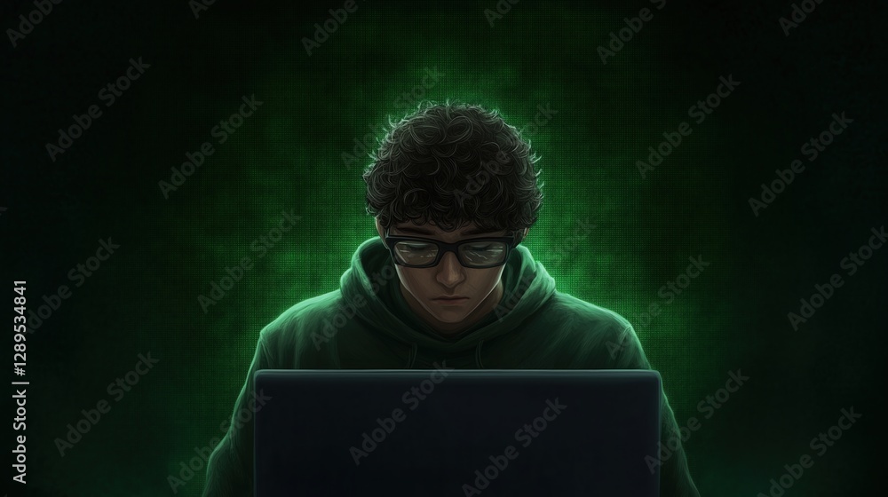Young hacker immersed in coding, illuminated by green light in a dimly lit room during late night Young hacker immersed in coding, illuminated by green light in a dimly lit room during late night