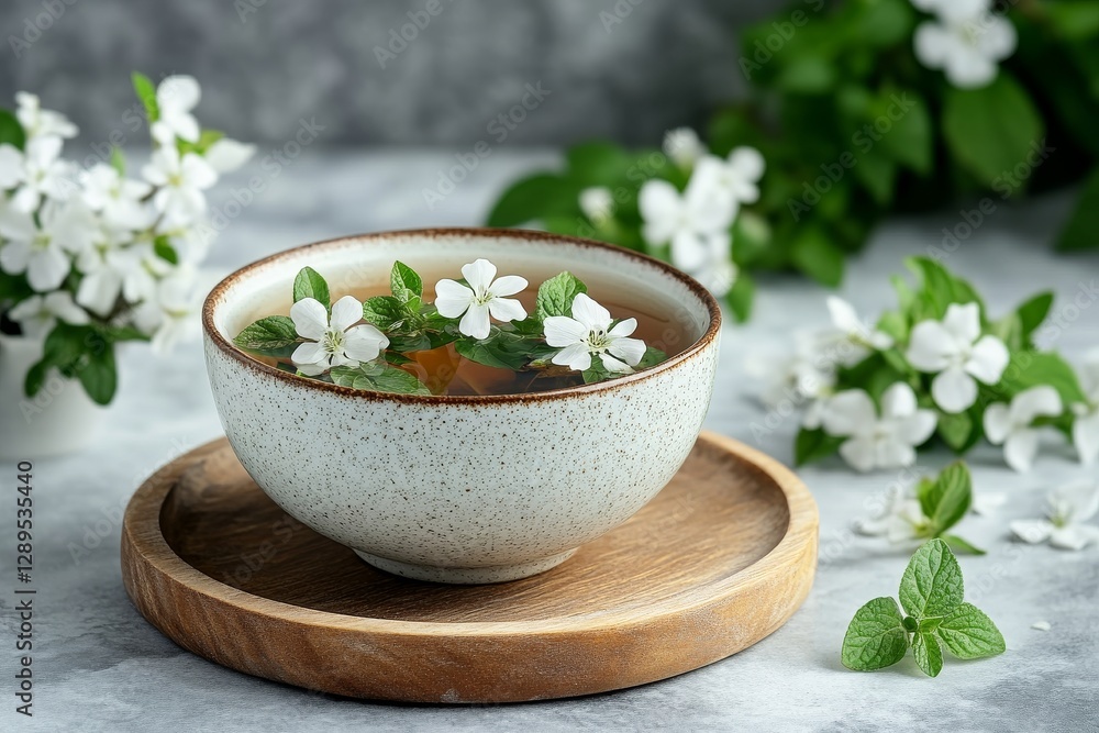 A minimalistic image of a warm herbal drink in a speckled bowl, garnished with mint leaves and white flowers on a wooden tray A minimalistic image of a warm herbal drink in a speckled bowl, garnished with mint leaves and white flowers on a wooden tray