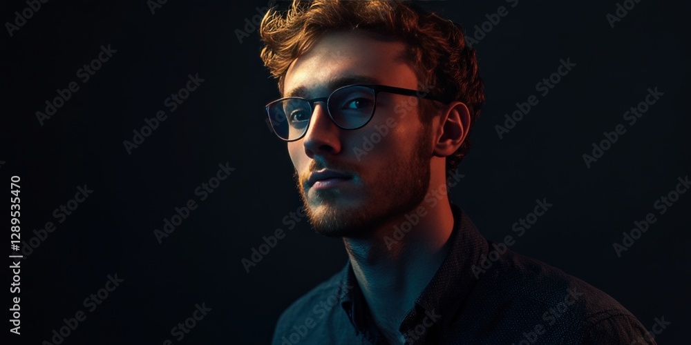 Fototapeta premium Stylish Young Man with Glasses in Dramatic Lighting Portrait