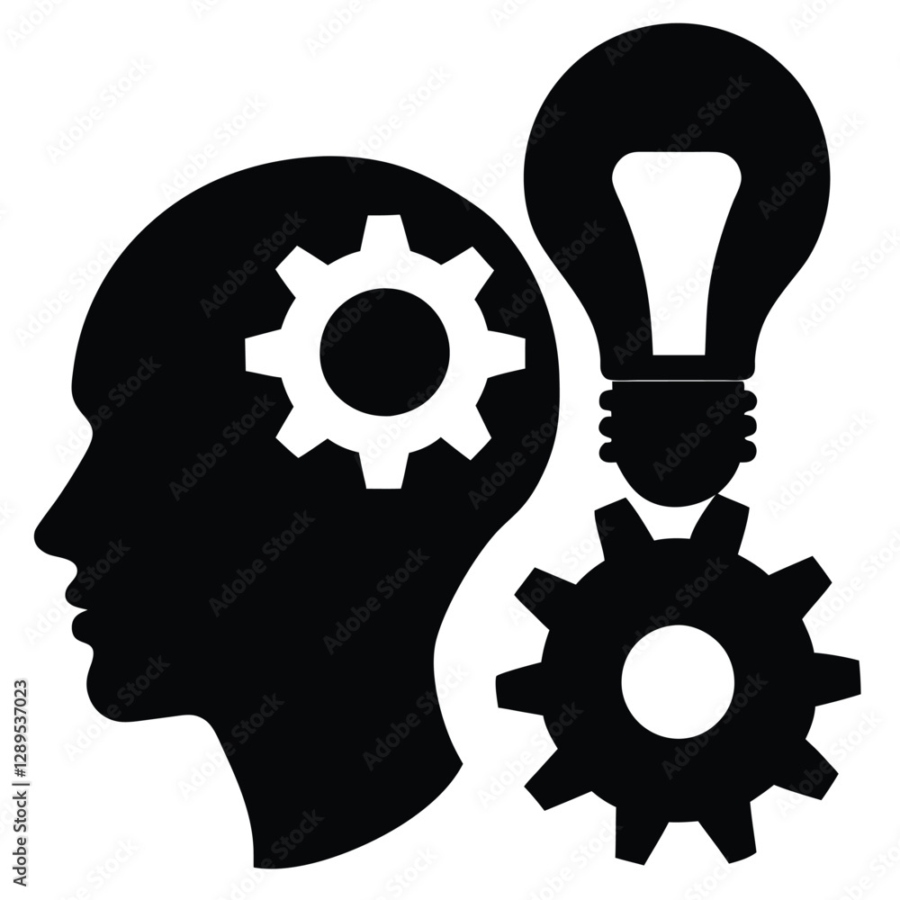 Silhouette of human head, gear inside brain, lightbulb idea, black and white, minimalist design, thinking concept, innovation symbol, problem-solving illustration, cognitive process, mechanical mind, Silhouette of human head, gear inside brain, lightbulb idea, black and white, minimalist design, thinking concept, innovation symbol, problem-solving illustration, cognitive process, mechanical mind,
