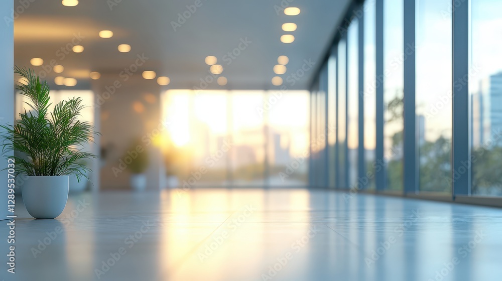 Fototapeta premium Modern bright office lobby with large windows and indoor plant at sunrise