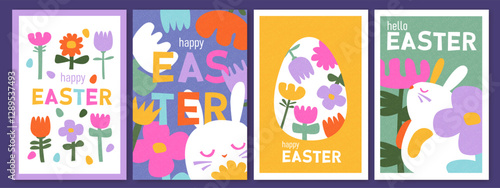 Easter design. Hand drawn cute bunnies, eggs, flowers. Colorful vector spring illustrations. Holiday cards, banners, covers.