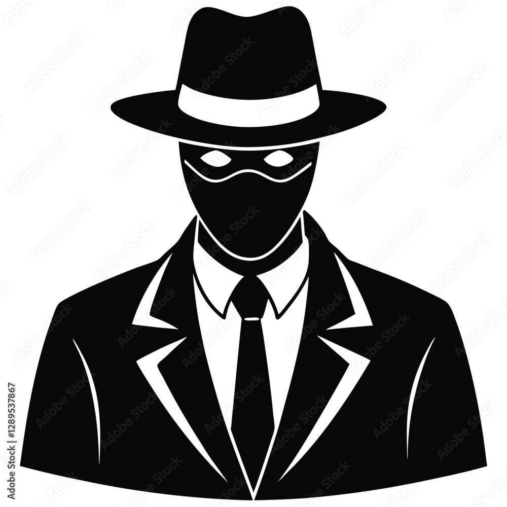 mysterious figure, fedora hat, masked face, suit and tie, silhouette, film noir style, spy character, incognito, stylized portrait, high contrast, iconic design, Black and white illustration, mysterious figure, fedora hat, masked face, suit and tie, silhouette, film noir style, spy character, incognito, stylized portrait, high contrast, iconic design, Black and white illustration,