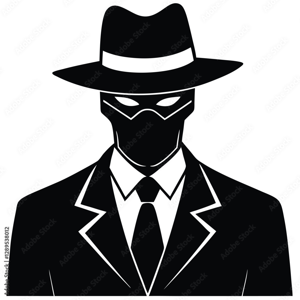 mysterious figure, fedora hat, masked face, suit and tie, silhouette, film noir style, spy character, incognito, stylized portrait, high contrast, iconic design, Black and white illustration, mysterious figure, fedora hat, masked face, suit and tie, silhouette, film noir style, spy character, incognito, stylized portrait, high contrast, iconic design, Black and white illustration,