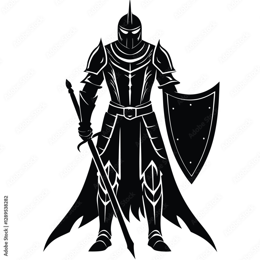 Dark medieval knight, armored silhouette, menacing warrior, intricate ornate armor design, fantasy character concept, black and white illustration, high contrast, sharp detail, Illustrator Artwork Dark medieval knight, armored silhouette, menacing warrior, intricate ornate armor design, fantasy character concept, black and white illustration, high contrast, sharp detail, Illustrator Artwork