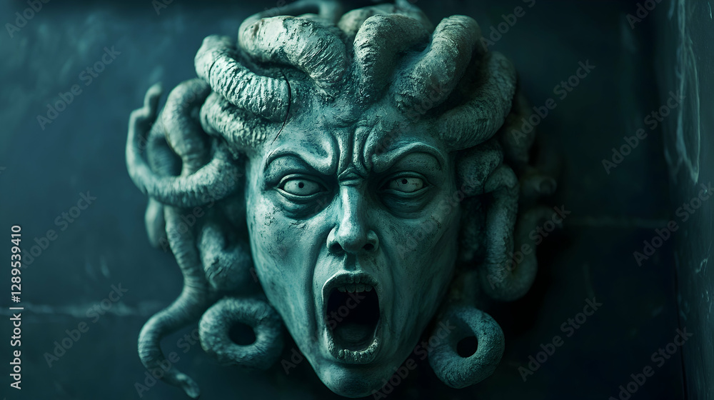 Fototapeta premium Classic depiction of the head of the Gorgon Medusa from ancient mythology, a gloomy awesome look horror fright
