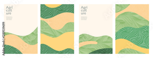 Agriculture with field of corn rice wheat and tea. Eco-friendly brochure, abstract vector design. Organic farmland, rural landscape, green background. Agro poster, template for environmental promotion
