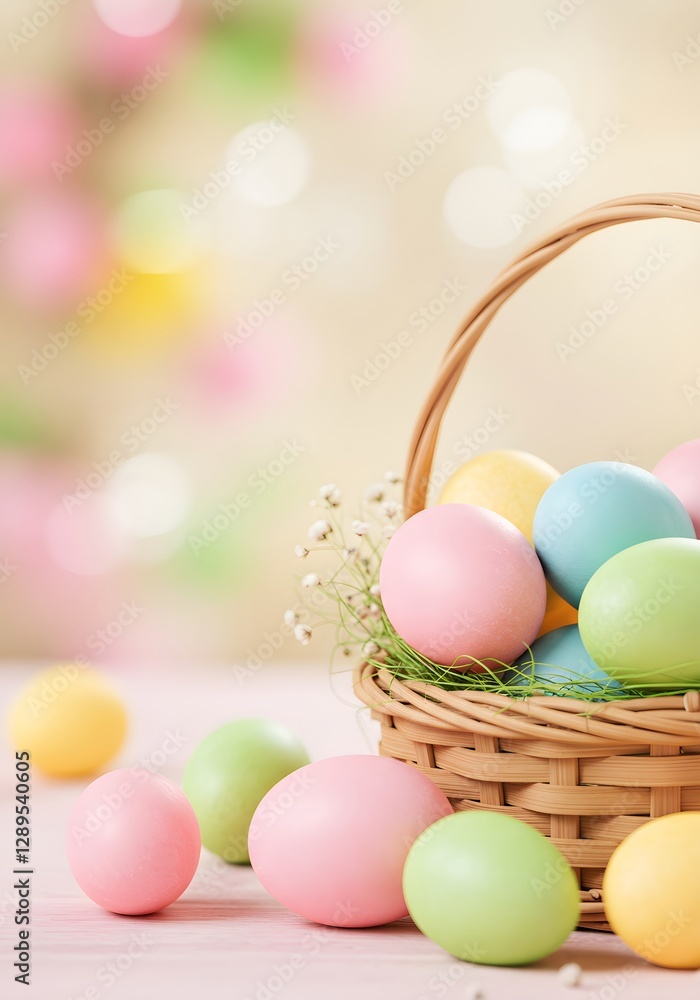 Easter eggs in wicker basket with blurred pastel background. Spring holiday celebration concept. Colorful decorated eggs for traditional festivity with copy space. Easter eggs in wicker basket with blurred pastel background. Spring holiday celebration concept. Colorful decorated eggs for traditional festivity with copy space.