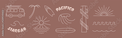 Simple line surf, ocean elements about freedon, siargao, island life, vibe. Icons for surfing camp merch, t hirt, stickers vector design