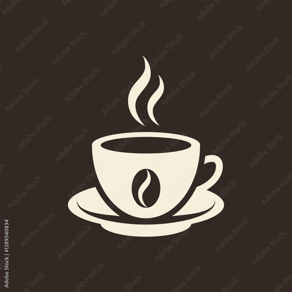 Steaming coffee cup with bean symbol on saucer. Simple brown and beige vector silhouette. Steaming coffee cup with bean symbol on saucer. Simple brown and beige vector silhouette.