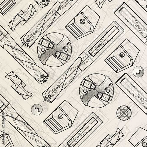 Mechanical engineering drawings on sepia background. Drill tools, borer. Technical Design. Cover. Blueprint. Vector illustration. Seamless pattern.