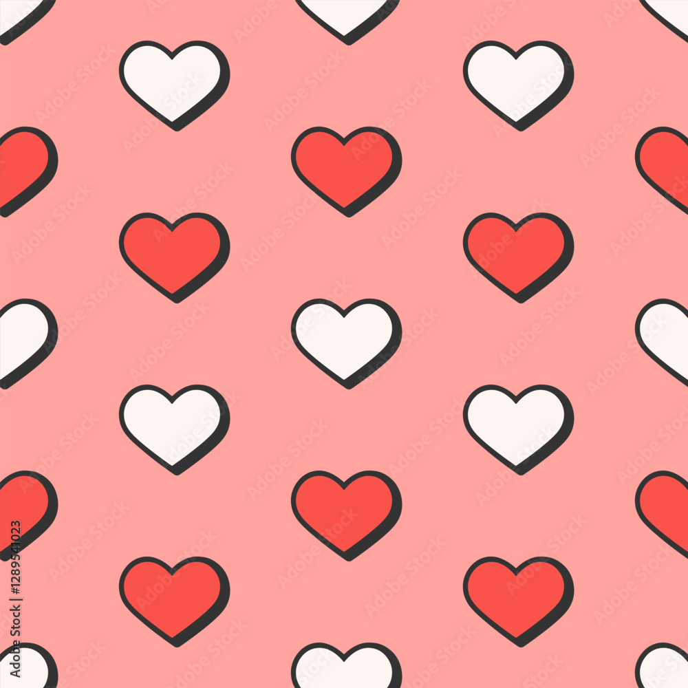Isometric red and white hearts with black outline on pink background. Vector seamless pattern. Best for textile, wallpapers, wrapping paper, package and St. Valentine's Day decoration. Isometric red and white hearts with black outline on pink background. Vector seamless pattern. Best for textile, wallpapers, wrapping paper, package and St. Valentine's Day decoration.
